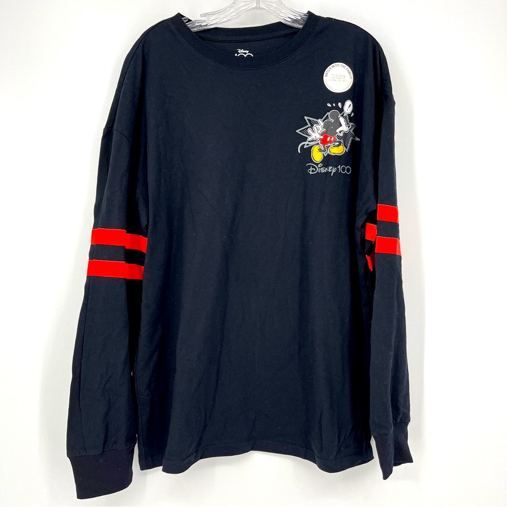 NEW Disney Mickey Mouse Long Sleeve Black Tee Shirt Matching Size Large Red Arm